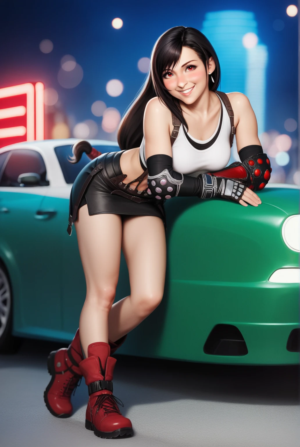 (top quality, masutepiece: 1.1), (Realistic: 1.3), BREAK (((FF7,Tifa_lockhart))),(solo,Tifa:1.2),(japanese ,race queen ,sleeveless,tight red short jacket,black Tube top,black short skirt ,low rise, red tight long boots:1.3) ,(super car, ferrari,circuit, outdoor ),(model pose:1.1),Ultra-detailed face, Detailed eyes,Red eyes, BREAK (((FF7,Tifa_lockhart))),(black brown hair, Large breasts: 1.2), BREAK (Small and beautiful hard nipple) About 18 years old,kawaii,happy smile,face focus:1.2,shy,blush,suggestive,sensual,looking at viewer,standing, front of race car