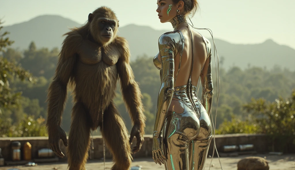 a beautiful girl (aubrey plaza) in a 60s sci-fi styled spacesuit, sexy silver space swimsuit, bubble helmet, fancy electronic tools, being guarded by her (brown bear cyborg companion, blinking lights, mechanical components) in a bubble helmet, on an alien world, 8k, extremely detailed, photorealistic, cinematic lighting, vibrant colors, concept art style