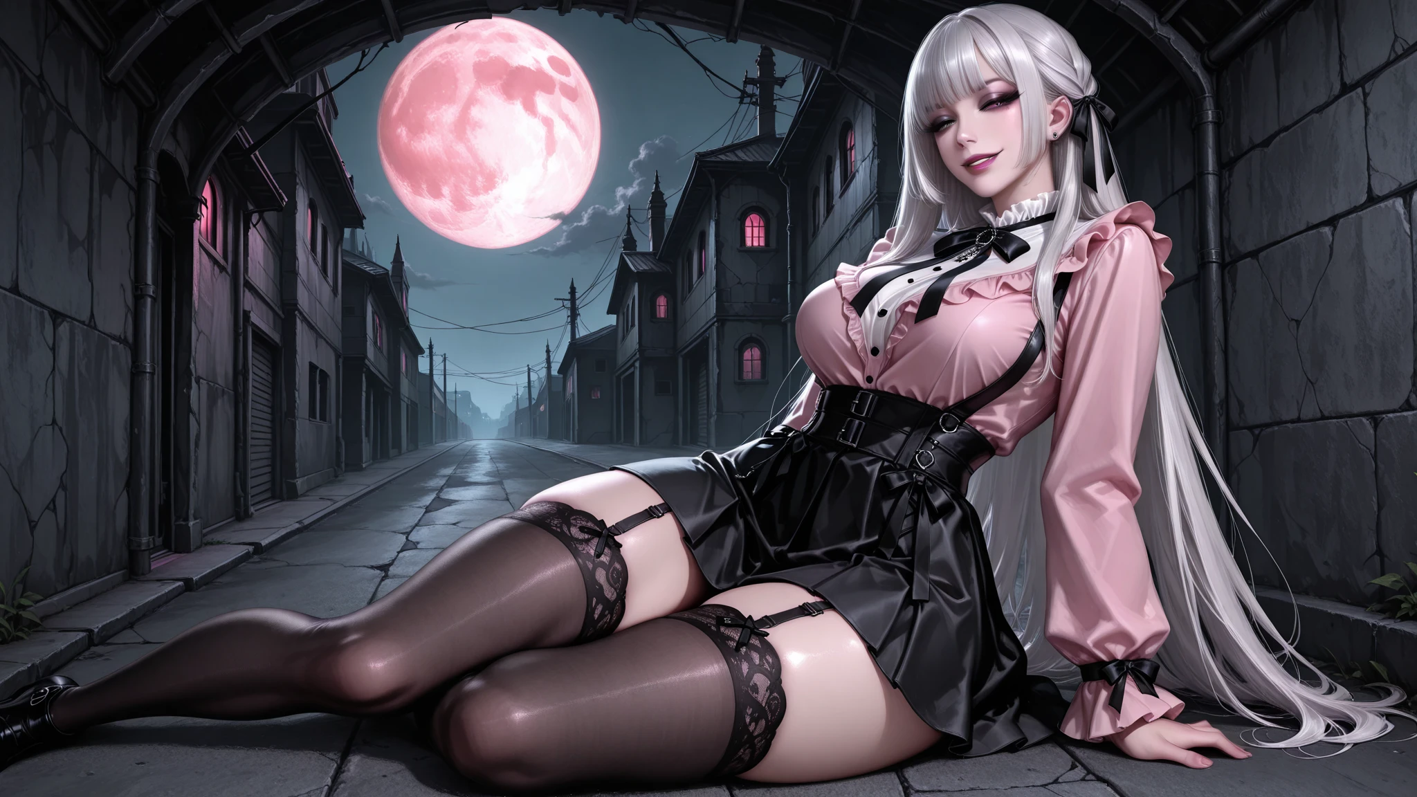 masterpiece, best quality,, 1 Girl, (rich and colorful),(Beautiful eyes and delicate face),cinematic Lighting,Half-length photo,Extremely detailed CG unity 8k wallpaper,White hair,Solitary,Smile,Delicate skirt,((Flying petals)),(Flowering meadow), Sky, cloudy_Sky, architecture, moonLight, moon, night, (Dark theme:1.3), Light, fantasy,