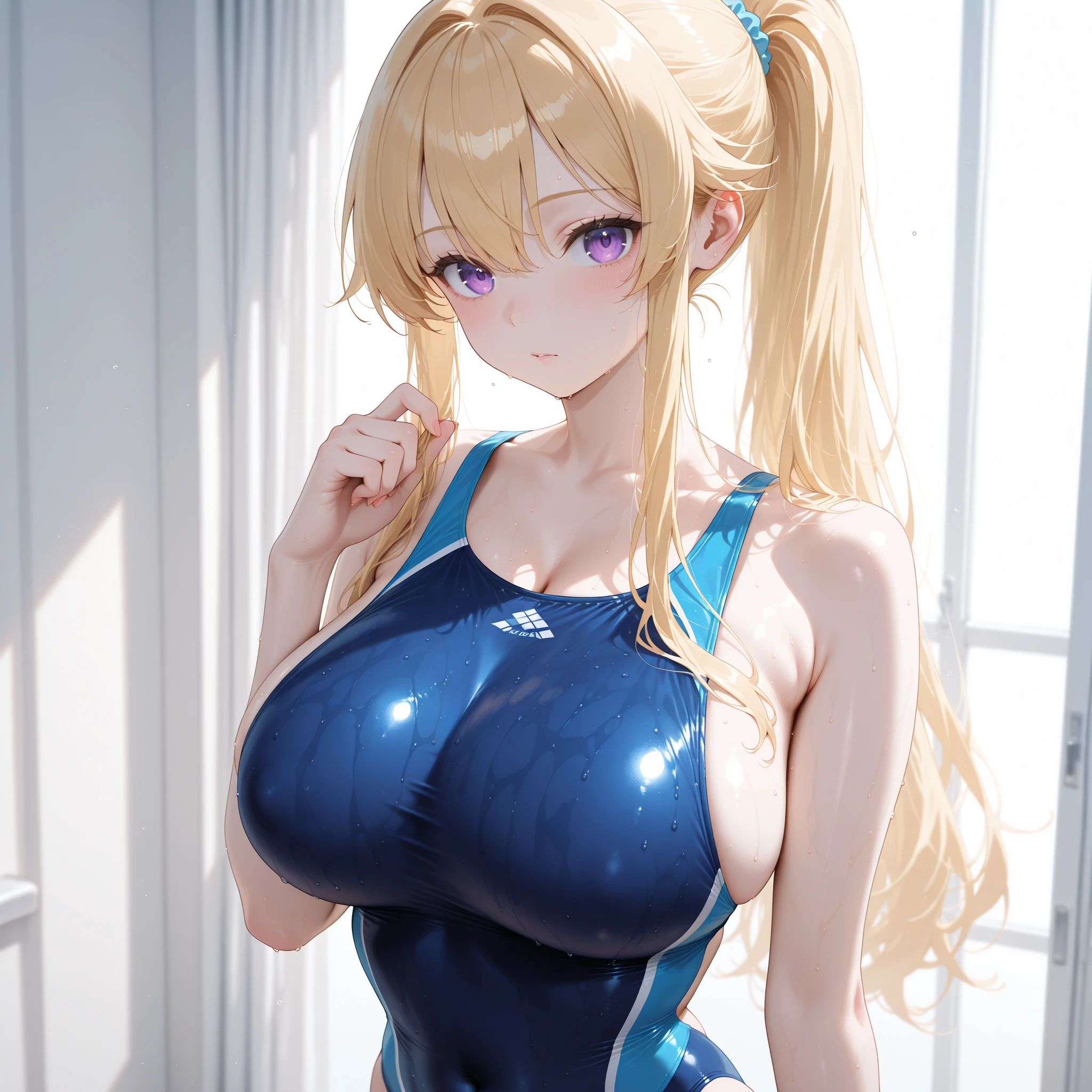 (((masterpiece))), (((Highest quality))), ((Super detailed)), (figure), ((Very delicate and beautiful)), ((Super detailed)), ((High resolution)), (((20-year-old))), ((meexpensiveic cloth)), (Cheerleader), (Super Heroine), (Android), Delicate metal decoration, Glowing Skin, Shiny body, Two legs, breast focus, (((expensive))), Thin legs, ((Big round eyes)), Cute eyes, Droopy eyes, ((Adult)), both hands, Five Fingers, No extra hands, Elegant smile, Braiding, ((meexpensiveic blue)), (See-through), (Dark Blonde), (((Super big breasts))), (Shining brightly), Outdoor, mini skirt, Daytime, ((Biopunk)), (Hair shorter than shoulders), (Medium length hair), Female type, (Slime Competitive Swimsuit), city, ((Clothing that exposes the midsection)),