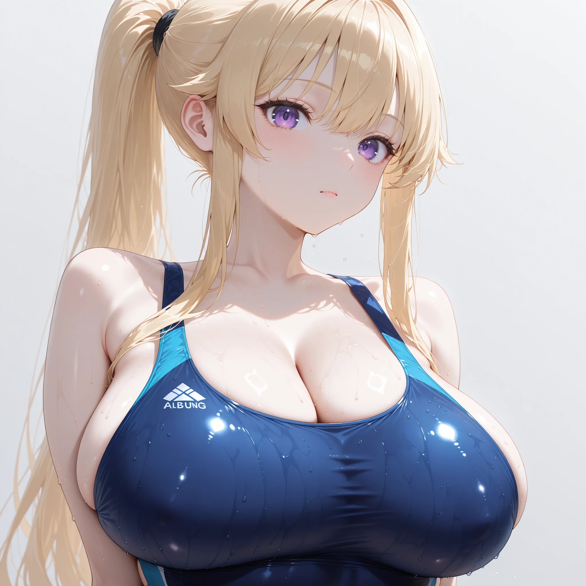 an anime girl、Mature girls、beautiful a girl、Cute little girl s、middle school girl、solo、girl wearing a swimsuit、very long blonde girl、rating:safe、onepiece swimsuit、 Anime girl wearing a tank suit with light blue and yellow edges、 High-leg racing swimwear with light blue and yellow edges、Two-tone high-leg racing swimsuit、huge tit、Woman with very large breasts、garments:High-cut swimwear、shiny、Green-eyed girl、shiny_clothes、grey_background、Swimsuit for swimming competitions、girl with half up hair、open_mouth、Muscular girl、shiny_skin、covered_navel、cowboy_shot、smile、thigh_gap、shiny_hair、Competitive swimsuit、High Leg Racing Swimwear、looking_at_viewer、;d、　NSFW、simple_background、collarbone、racing back、blush、Anime girl standing、Muscular and strong body、Divide non-protruding, thick musculature and thick thighs、earrings、Bare shoulders、bare legs、Bare arms、The best girls in anime、artwork in the style of guweiz、Detailed Digital Anime Art、perfectly shaded body、realistic anime 3 d style、beautiful attractive anime girl、realistic anime art style、realistic shaded perfect body、