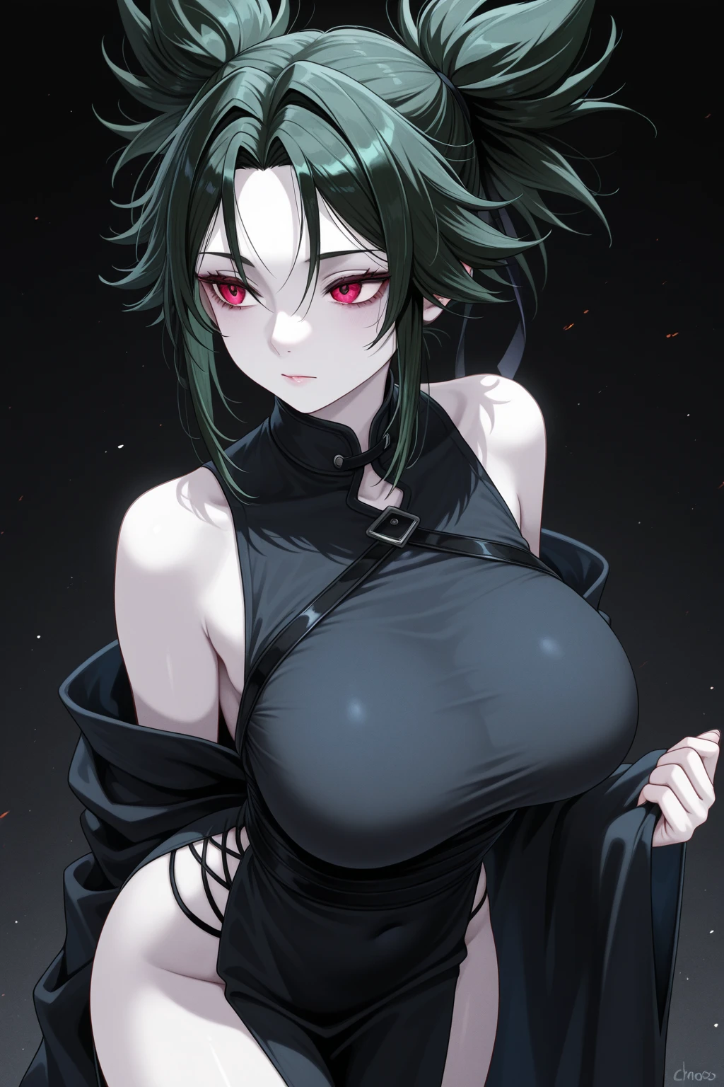 College girl, very big bust, very curvy, bob hair with bangs, black hair, green eyes, goth/emo, sexy,