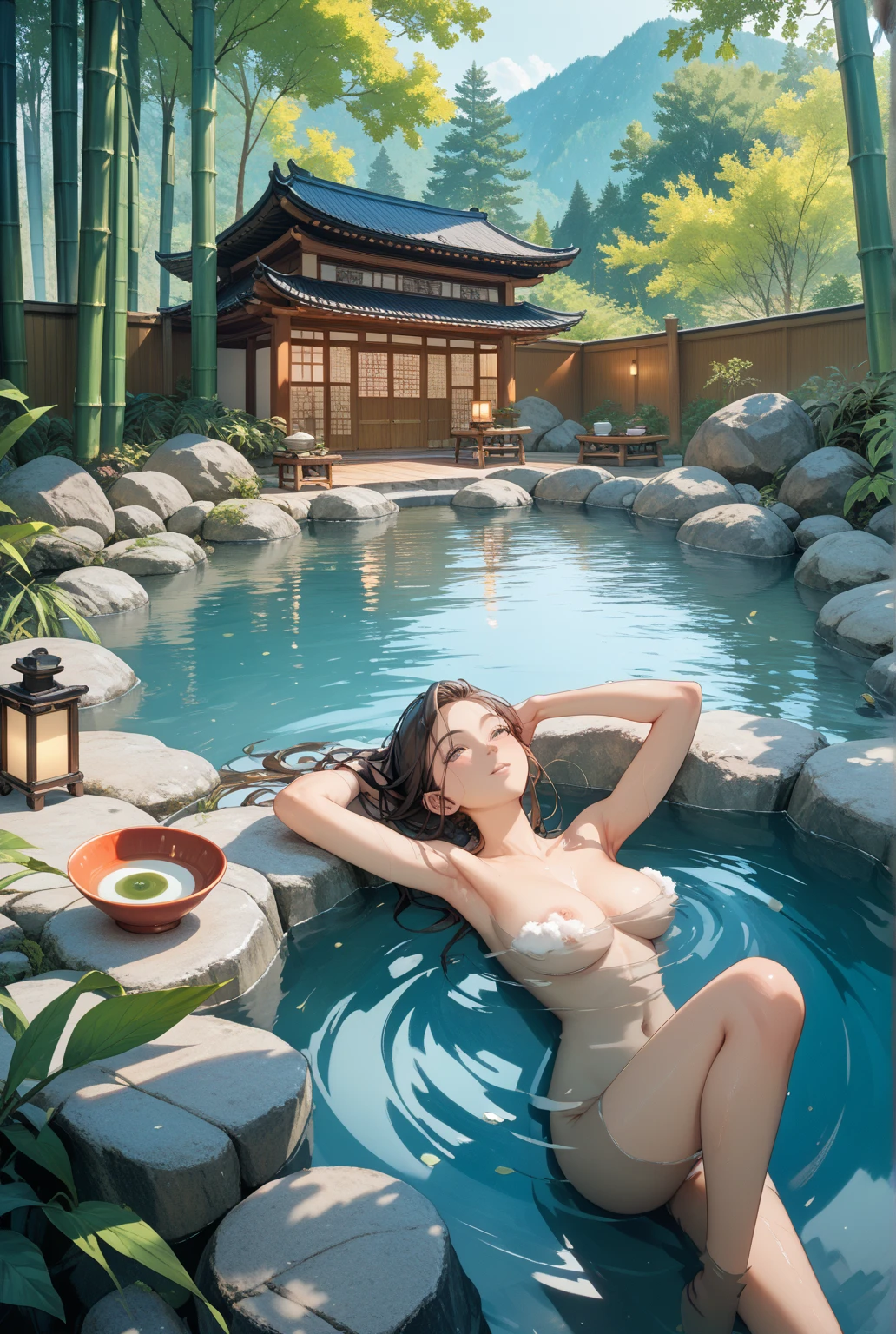realistic photo, best possible quality,
meditation scene, tai-chi, Japanese ornamentation, tea house, flat place with decorative stones on the floor, plants alongside in harmony and a small waterfall.
we see a naked woman in profile, on the floor, she puts her head on the floor with her arms stretched out on the floor, while she sticks her bare butt up, bending her knees on the floor, her breasts are small and firm, her firm nipples touch the floor, her delicate feet, perfect hands, her big, straight hair touches the floor.
she is at peace doing yoga naked