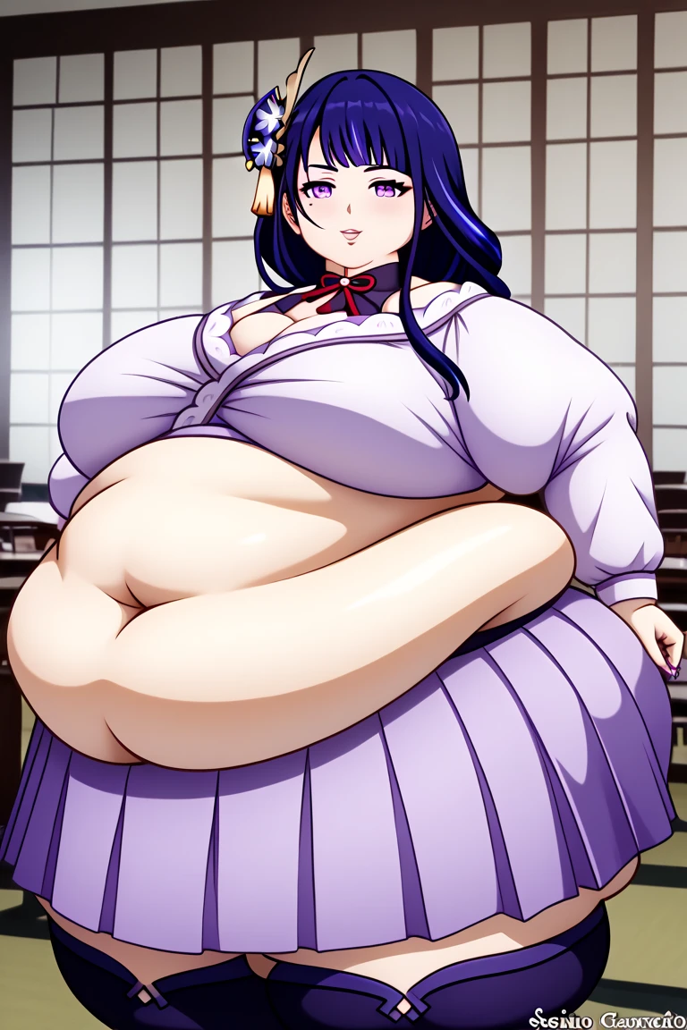 (masterpiece, best quality), 1girls, big belly, blurry background, huge belly, art by kipteitei, round belly, chubby, curvy, white button-up shirt, skirt, thighhighs, simple_background, gradient_background, belly bursting out of shirt, belly grab, enormous belly, fat belly, thicc, bigger belly, sitting on chair, really big belly, jiggly belly, shirt covering belly, belly cover by shirt