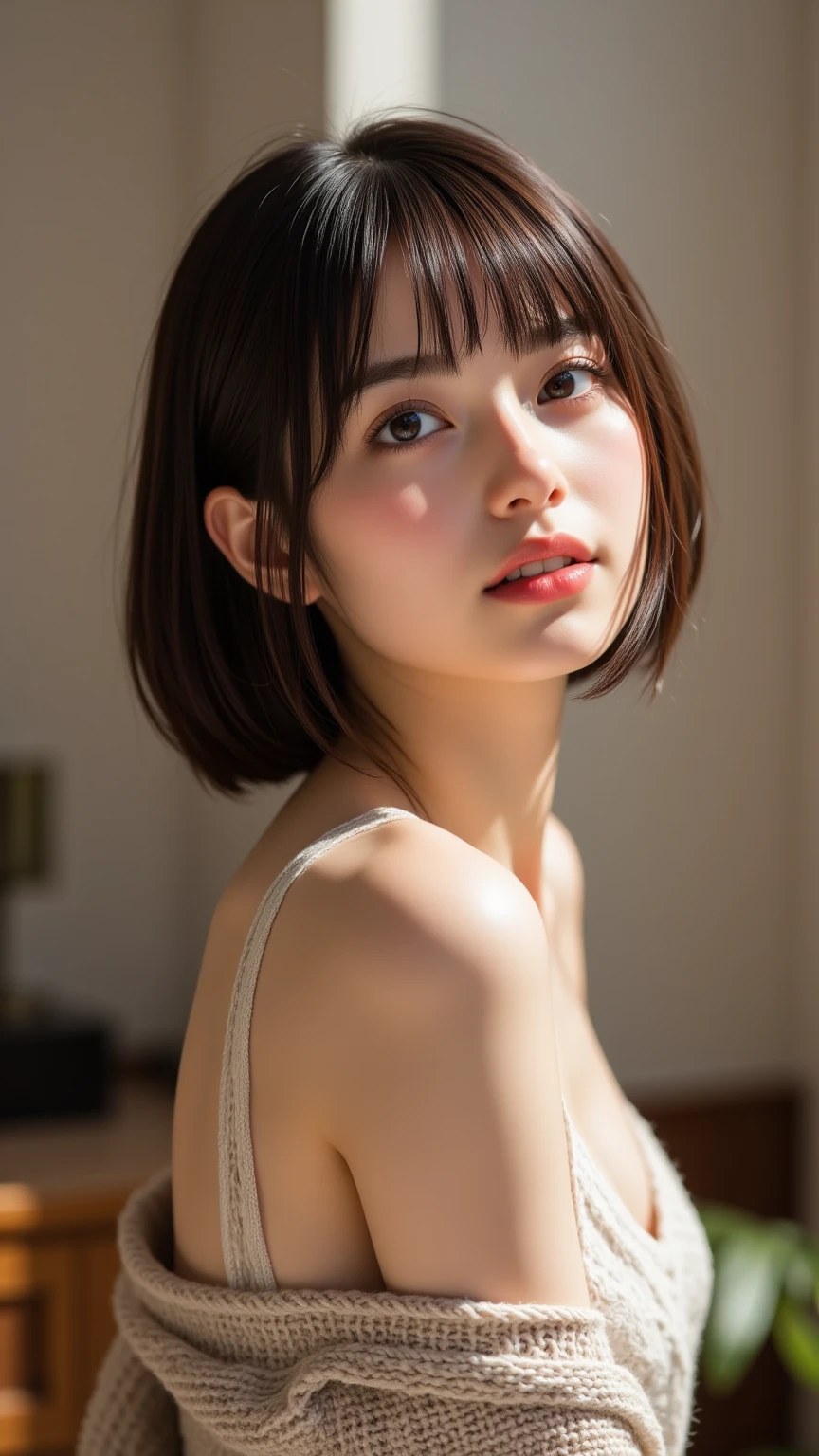 Highest quality, In 8K, Tabletop, Ultra-high resolution, Photorealistic, 1 girl, Look at the viewers, round neck short sleeve shirt, , ((Short Bob)), Glowing Skin, One super beautiful female college student, ((Ultra-Realistic Details)), Portrait, Global Illumination, Shadow, Octane Rendering, Super sharp, Very intricate details, Realistic Light, Beautiful Eyes, Beautiful G cup, Beautiful nipples, topless