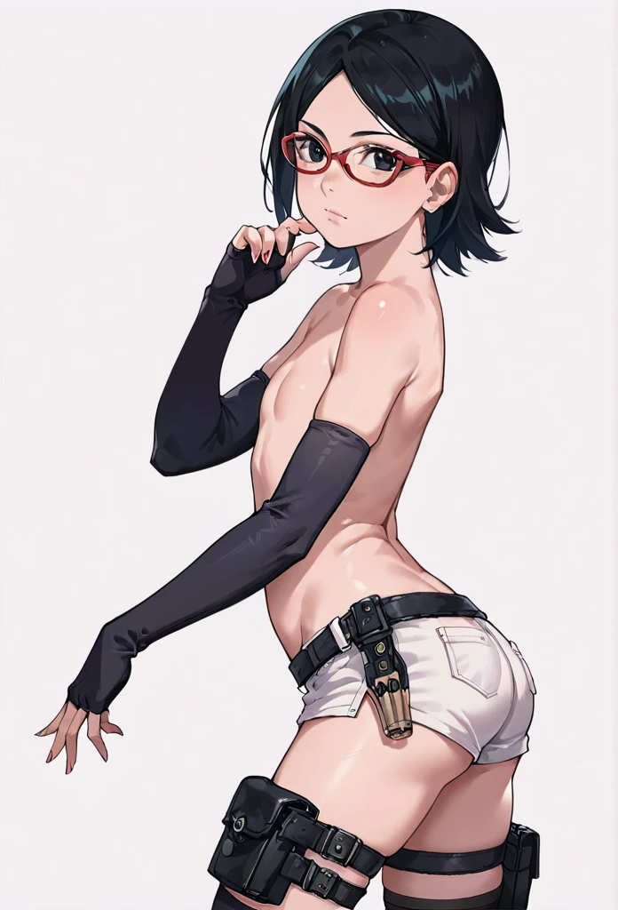 android, beautiful robot. Her curly short black hair is very short like army man, big smile, middle age, joint seam, black eyes, full body figure, Height: 160cm, She wears only micro mini pantie, show pantie, Uplifting, 21th century japan animation, Lean back with your whole body in a bridge position, she wares metal flame glasses.