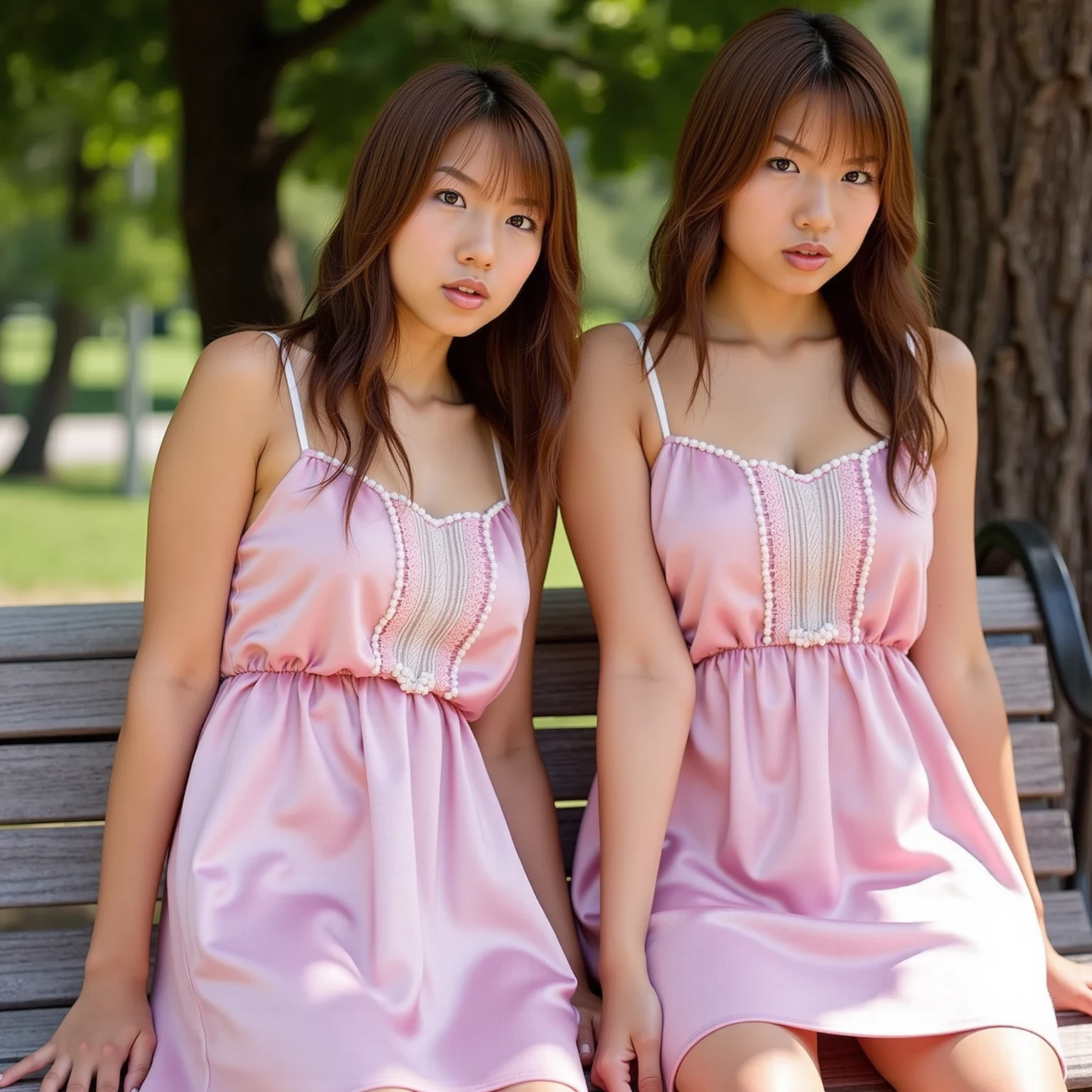 (Identical twin sisters),2girls,(tareme:1.2), (Wear school uniforms:1.3), (kawaii:1.3), (sepia Hair, Bangs Hair:1.2),
Dress, bow ribbon,Hair Ribbon, Hair Ornament,Hair Flower, Evil, Looking at Viewer, pink headwear,Red Eyes,symbol-shaped pupils, Short sleeves, Puffy sleeves, Bangs, blush, Blunt bangs, Puffy Short Sleeves, Jewelry, bow ribbon, Plaid dress, makeup,Eyelashes, Necklace, Wavy Hair, Indoors, Messy room, window,Dolce,girl's own room,Pink Theme,paint indium\),Teddy Bear, stuffed toy, Loaded interior,Bedroom,(((Otaku Room))), NaturalHand2-3500, ultra-quality, Unripe, beautiful detailed face and eyes, (Photorealistic:1.4), Best Quality, hight resolution, Realistic, 16 K, Caustics, Core Shadow, Dinamic Light, Beautiful and delicate lips, Delicate fingers, Detailed pupil, Real Human Skin, (Extremely detailed),, (Natural lighting :1.2), gochuumon wa usagi desu ka?, masutepiece, Best Quality, nostalgic