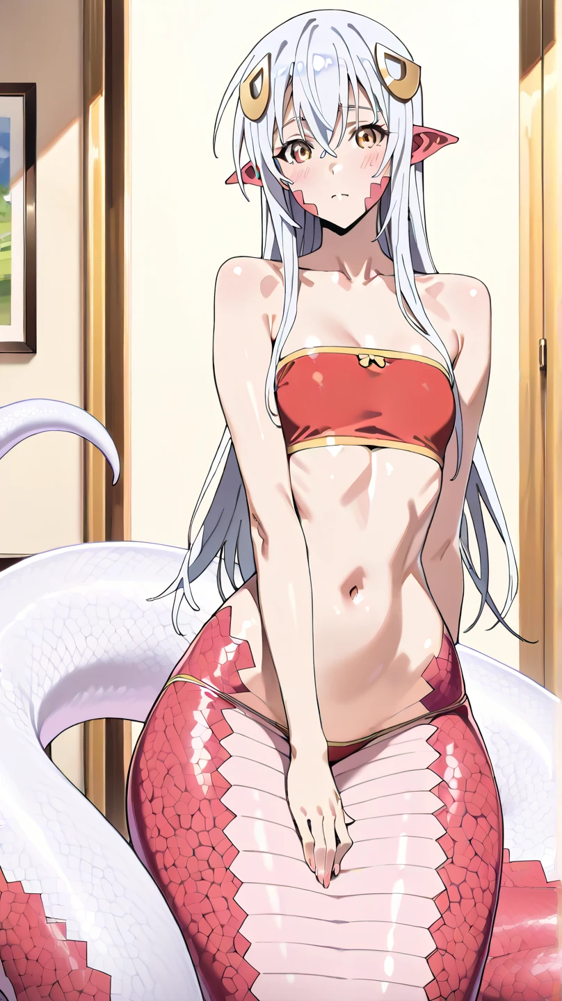 Mermaid, white mermaid tail, mermaid tail below waistline, cosrset, bra, masterpiece, best quality,mature female, milf,looking at viewer,alluring, clean, beautiful face, shiny skin, skindentation,delicate pattern, intricate detail,
1girl,ElisabethII_white,smile, upper body,hair ornament, bare shoulders, 
