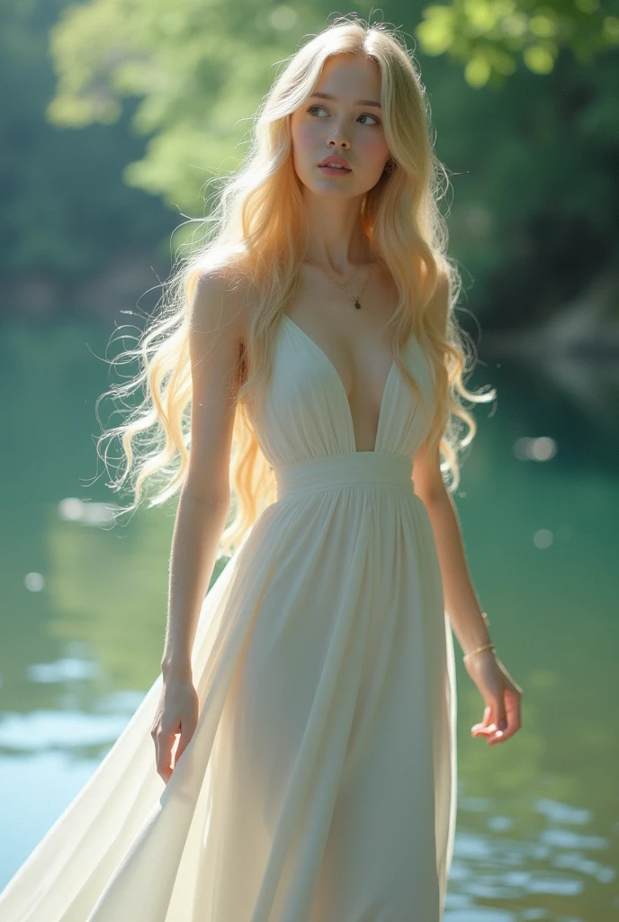 ((Very beautiful adult woman、In the forest、Kneeling))、 ((Realistic))、((Photorealistic:1.4))、((She wears a sheer hem dress of thin silk on bare skin.:1.5))、(highlydetailed skin:1.2)、(fleshy breasts)、((large udder:1.4))、((Chest exposed:1.5))、((Sheer skin))、((Shoulders exposed:1.5))、Beautiful collarbone、Glossy skin、a picture, ​masterpiece, top-quality, ((Gorgeous blonde long hair))、(long hair flowing with the wind)、(Dresses soaring in the wind)、Gorgeous big earrings、Gorgeous Necklaces、hyperdetailed face、A detailed eye、Looking at the camera、Sexy Moving Poses、