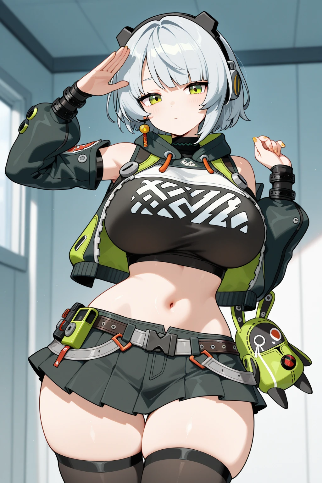 a cartoon style female character holding a phone with an iphone attached, 1girl, solo, animal ears, green eyes, navel, long hair, white hair, breasts, gloves, green gloves, ahoge, looking at viewer, bare shoulders, animal ear fluff, jacket, white background, skindentation, off shoulder, shorts, black shorts, medium breasts, hand up, green jacket