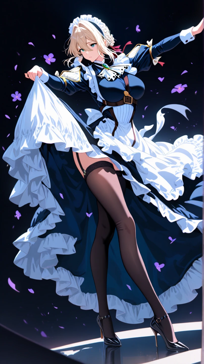 masterpiece, best quality,
iwanaga kotoko,
detailed, solo, full body, foreshortening, dynamic pose, intense angle,
detailed eyes, beautiful eyes, glowing eyes, prosthetic leg, light brown hair, purple eyes, short hair,
black bow, blue skirt, hair bow, juliet sleeves, long sleeves, petticoat, puffy sleeves, skirt, thigh strap, white dress, white headwear, white thighhighs,
purple magic,
mksks style, night, moon, buildings, night street, professional lightning, spotlight, volumetric lightning,