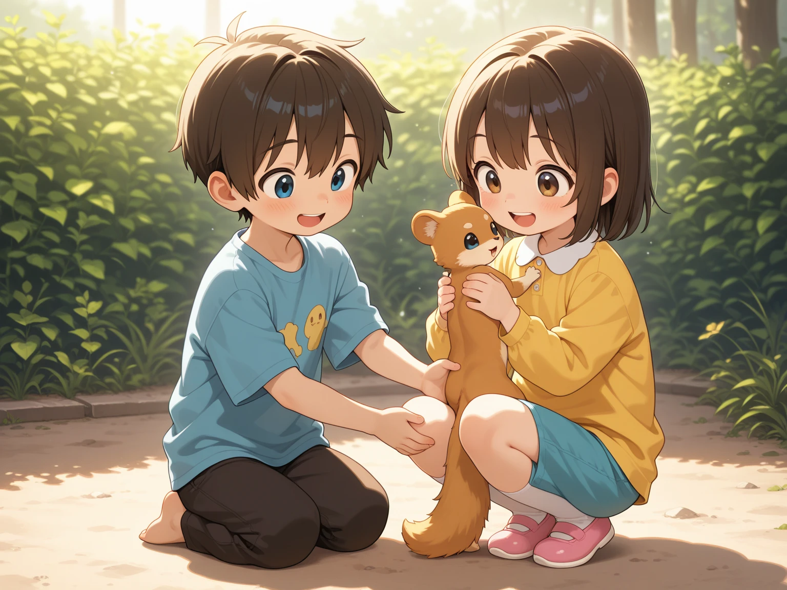 2boys 2girls siblings child backyard with dogs posing bright sunny day (Clutter-Home:0.8), (masterpiece:1.2) (photorealistic:1.2) (bokeh) (best quality) (detailed skin:1.3) (intricate details) (8k) (detailed eyes) (sharp focus)