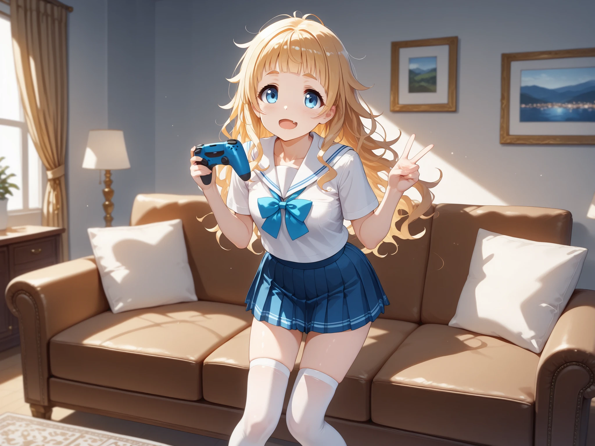 (a high quality digital drawing), (finely detailed), ((perfect anatomy)), (vibrant colors), (clear and sharp lines), 1girl, ((safe for work)),
break,
((small round face)), ((detailed and vibrant blue eyes)), ((tareme)), ((smooth skin)), ((open mouth))
break,
((long messy golden hair)), ((smooth bangs)),
break,
((detailed japanese high school uniform)), ((white thigh-high socks)),
break,
((standing on brown sofa)), ((beautiful smile)), ((victory pose)), ((holding game controller)), ((fang)), ((disappointed boy in the background)), ((detailed living room))