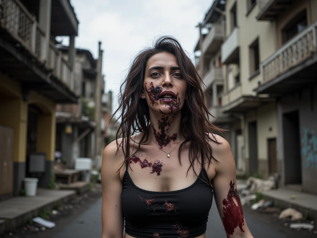 (zumbi correndo alucinado), (corpo cheio envolvido por arame farpado), ((arrastando uma placa de pare ligada a um arame farpado)), open-mouthed and menacing, Hands trying to grasp, mulher jovem cabelos cacheados loiro claro, vestido rasgado, Atacando, correndo para agarrar