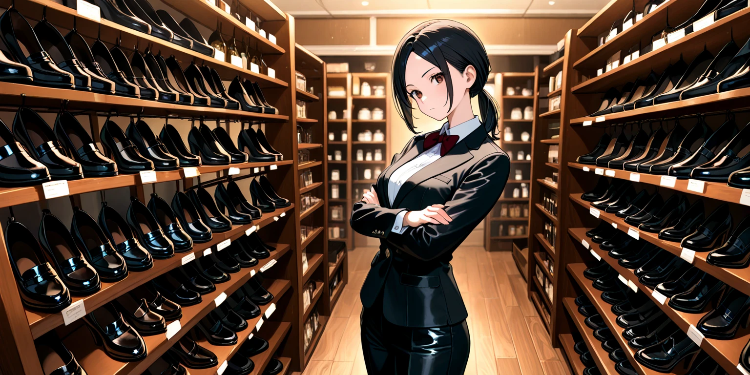 punk girl with glasses, black dress, With a face it would be, in a shoe store, short brown hair, detailed face, big breasts,sitting, with feet raised, trying on black heels, quality, high resolution