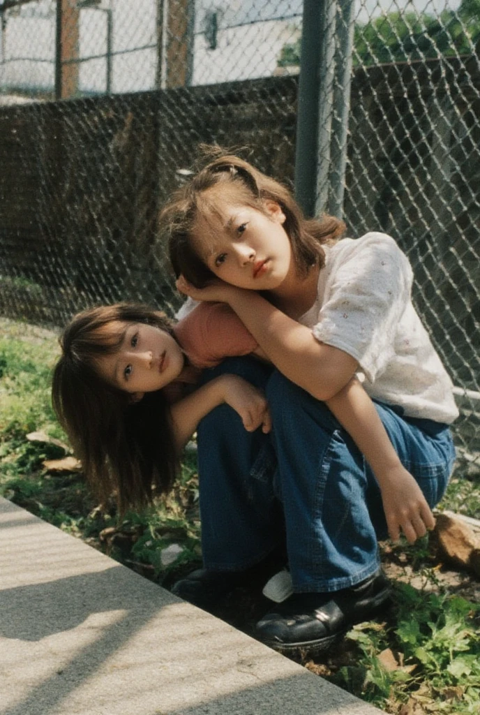 Create a detailed description of a scene where a person is feeding a stray cat by the side of the road. The person is wearing headphones, a grey sweatshirt, and a pleated skirt. They are kneeling down near a white car and a flight of stairs in an urban setting.
The person in the scene has long, straight, black hair that cascades down their back. The hair contrasts against the light-colored headphones they are wearing.