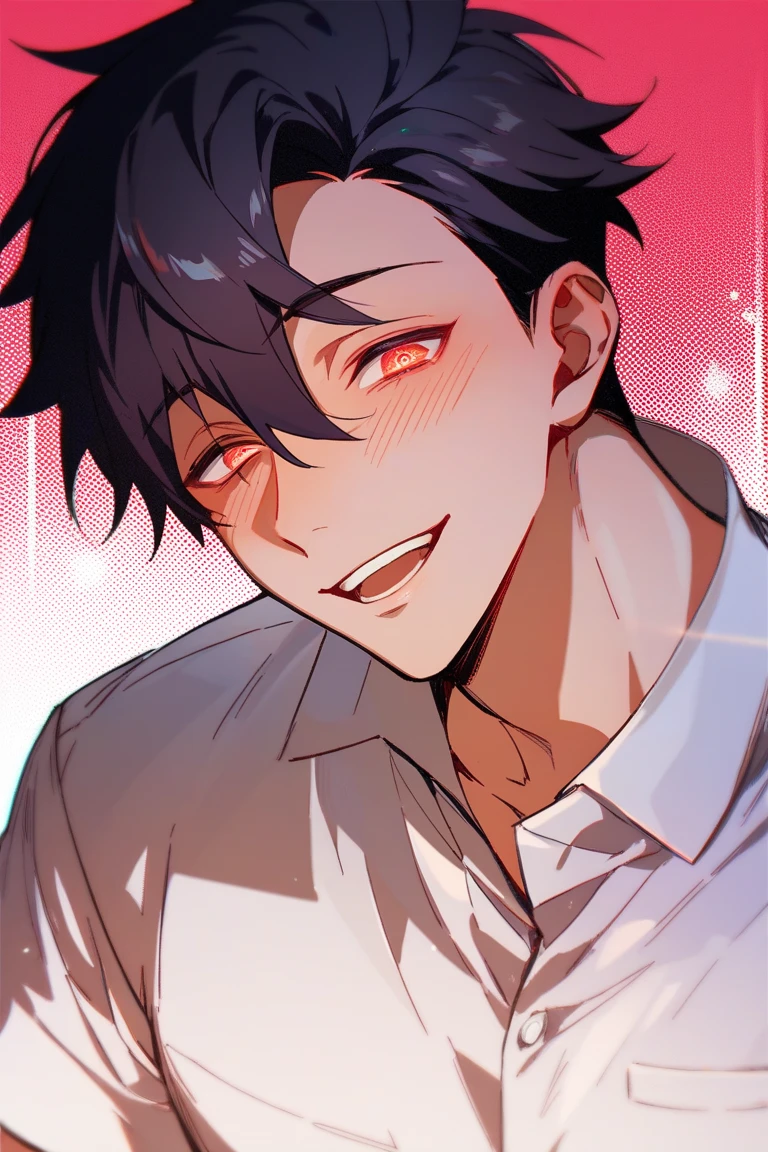 score_9, score_6_climb, source_anime, 1 man, alone, climbper body, Shinomiya Kaguya, conjunctivitis, black hair, black dress, white sailor collar,, Put your hand on your chin., Heart-shaped eyes, no pclimbils, smile softly, tooth, tsurime, red background , stick out your tongue, sexy, saliva, flirt, It has black wings., Hakama style kimono
