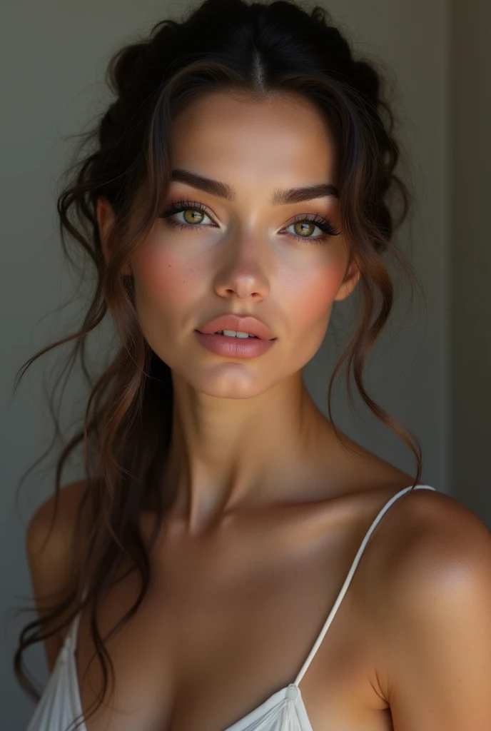 Woman with exotic features, wearing minimal makeup, green almond-shaped eyes, hair with some gray, tanned skin, medium-sized lips, younger, darker hair color 