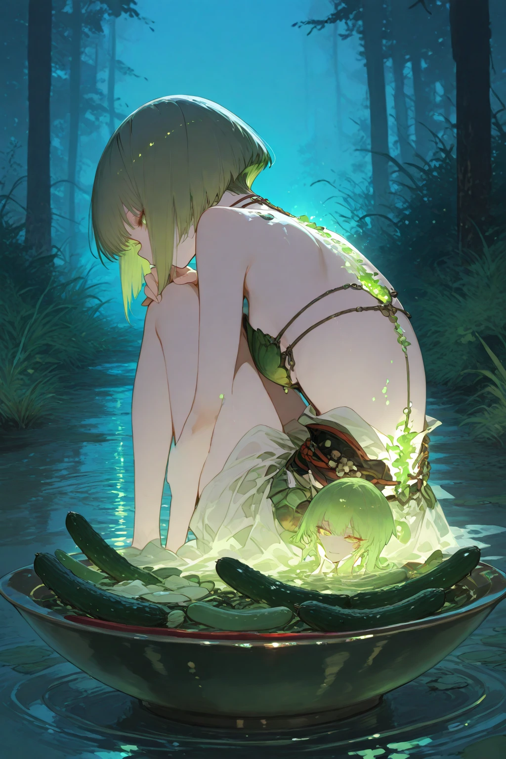 (Masterpiece), Best Quality, ultra-detailed, 1girl(zodiac_mallow , lovely small breasts, dark-skinned female , naked body, green hair, long hair, twintails, headband, pink flower in hair, green eyes, half-closed eyes, empty eye) , blank face, open mouth, nose blush , blush, solo, head tilt, , t-shirts , torn_clothes, nipples, navel, pussy, in the forest, night time, heat after sex, tent, warm lighting, campfire, weakly,  standing, weakly  standing, wet body (sweat, cum),cumdrip from her pussy,