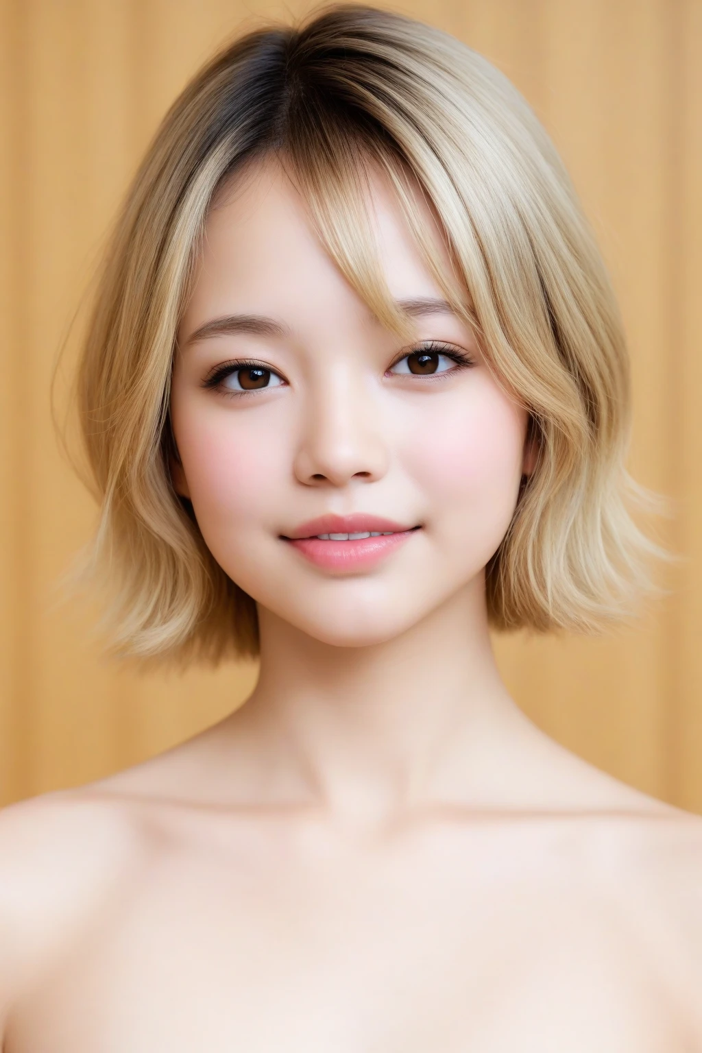 ((highest quality)), ((masterpiece)),  (perfect face)、(I can see the whole body)、((Blonde shorthair))、two beautiful legs、smile、lace queen、((nude))