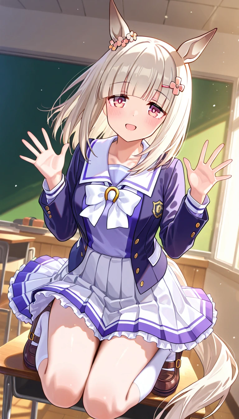 bluearchivehifumi, hifumi, brown hair, hair between eyes, hair bow, hair ribbon, halo, long hair, low twintails, sidelocks, twintails, wing hair ornament, (brown eyes:1.5), (flat chest:1.),
BREAK black pantyhose, black skirt, long sleeves, pantyhose, pleated skirt, ribbon, , serafuku, skirt,
BREAK looking at viewer,
BREAK indoors, classroom,
BREAK (masterpiece:1.2), best quality, high resolution, unity 8k wallpaper, (illustration:0.8), (beautiful detailed eyes:1.6), extremely detailed face, perfect lighting, extremely detailed CG, (perfect hands, perfect anatomy),(garter belt:1.6),(Purple underwear:1.4),