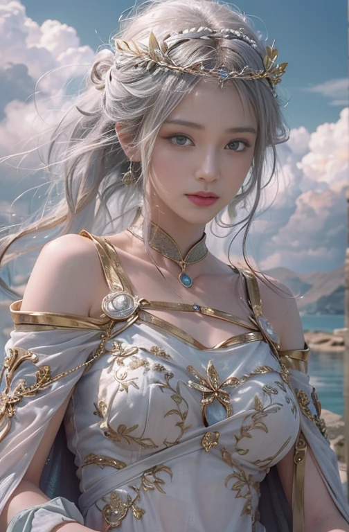 (masterpiece:1.3), (8k, Realistic, RAW Photos, Best image quality: 1.4), Fair-skinned fairy woman、Long Hair、Cleavage:2.0、Highly detailed face、Attention to detail、double eyelid、Chest to chest、Sharp focus:1.2、Beautiful woman:1.4、Silvery white hair、highest quality、masterpiece、超A high resolution、(Realistic:1.4)、Highly detailed and professionally lit smiles、Loose, Light, Ancient Greek clothing、Shoulders out、thin、Serious expression、Short-haired、Deadly position, Gorgeous Accessories, one person、whole body,Walking on the beach
