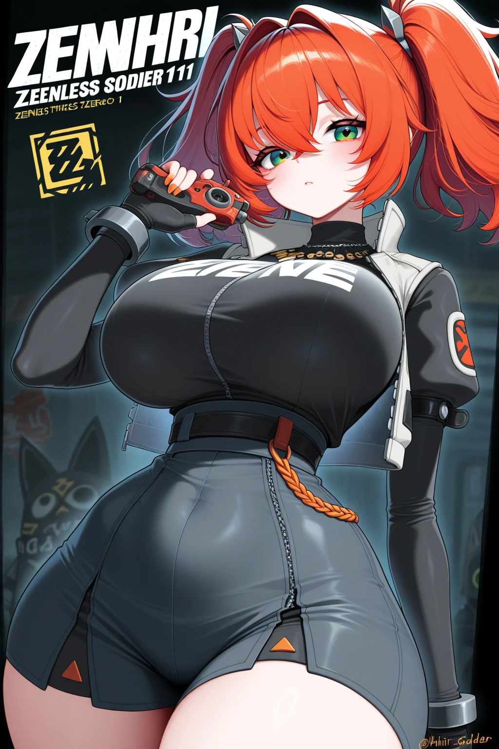 1girl, milf, hoodie, hood, facemask, hyperbreasts, huge breasts, huge thighs, thick thighs, thick legs, smug look, wink, looking at viewer, hand on hip, cat ears, cat tail, chubby