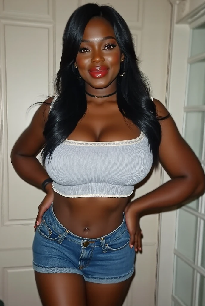 obra de arte, maximum quality, Ultra high resolution, 8k, garota negra, extremamente bonito, corpo todo, sozinho, afinar, rosto extremamente detalhado, olhos detalhados, sorriso travesso, alegre, foto realista, totalmente realista, pele humana, studio lighting, perfeito, quadris largos, coxas grossas, , bunda gorda, bunda grande, vestindo micro shorts jeans e micro blusa, without accessories, cabelo encaracolado, seios muito pequenos, peito achatado,  micro seios
