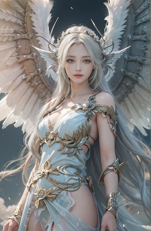 (masterpiece, best quality, photorealistic, highly detailed, octane render, unreal engine, 8k HD, hyper-detailed, realistic skin texture, best quality, ultra high res, raw photo, dramatic lighting, unreal engine, diffuse glow, dynamic pose), A female archangel with beautiful features would likely have striking, ethereal looks that would inspire awe and wonder in anyone who beheld her. She might have piercing blue or green eyes that seemed to glow with an inner light, framed by long lashes that brushed against her delicate cheekbones. Her skin might be porcelain pale, with a soft, rosy blush that highlighted her high cheekbones.

Her hair might be long and flowing, with strands of gold or silver that shimmered like starlight in the sun. It might be styled in intricate braids or loose waves that cascaded down her back, or perhaps pulled back into an elegant updo that showcased her graceful neck.

Her wings would be magnificent, with feathers as white as snow and shimmering with an otherworldly light. They might be large and imposing, giving her an aura of power and majesty, or perhaps delicate and intricate, reflecting her refined and elegant nature.

In short, a female archangel with beautiful features would be a vision of divine beauty, radiating grace, power, and wonder in all who beheld her