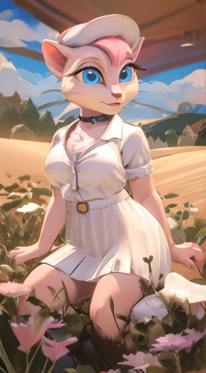 (obra maestra, mejor calidad), lindo, chica conejo, anthro, hembra, pelaje gris, pelo gris, vestido de sol, vestido sexy, tendido, campo de hierba, feliz, orejas grandes, grandes tetas , gran trasero , 4K, hd, sensual, mirada sensual, cuerpo completo, acostada , piernas abiertas