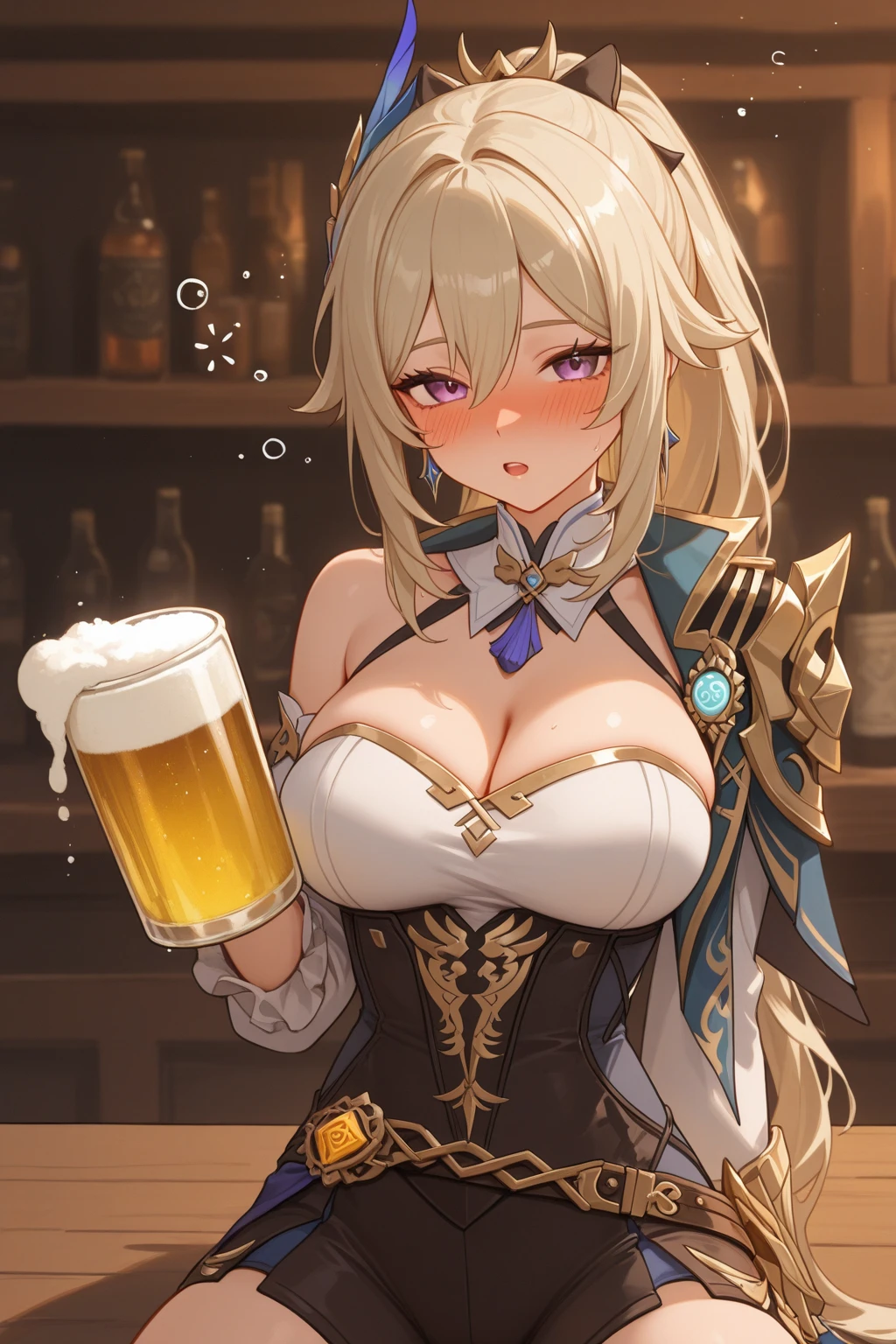 LeinaQuiron woman, breasts, blush, blue eyes, blonde hair, large breasts, cleavage, braid, hairband, armor, twin braids, side braid, short hair with long locks, buckle, shield BREAK (masterpiece, best quality:1.3), 4k, ultra-detailed, trending in pixiv, detailed background, detailed eyes, BREAK (in a medieval bar, surrounded by people:1.4), BREAK (cowboy shot, drunk, holding beer mug, raising mug, happy smile, ^ ^, closed eyes, :d:1.3), (light particles:1.2), (sweat, shiny skin:1.3)