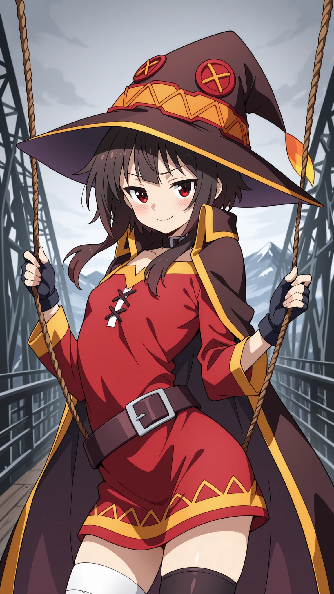 BREAK (masterpiece:1.2), best quality, high resolution, unity 8k wallpaper, (illustration:0.8), (beautiful detailed eyes:1.6),Suspension rope bridge hanging over a deep abyss, dense mist covering the void below, worn wooden planks creaking underfoot, distant mountain peaks barely visible through fog, dramatic lighting from a pale gray sky, a lone figure crossing the bridge slowly, cinematic composition, ultra-detailed, high contrast shadows, mysterious and tense mood, megumin, short hair, black hair, red eyes, short hair with long locks,,thighhighs, gloves, hat, dress, black gloves, belt, black thighhighs, fingerless gloves, cape, collar, witch hat, bandages, red dress, single thighhigh, asymmetrical legwear, bandaged leg,cleavege,raised hips,blush, seductive expression,smile,floating hair,looking at viewer,arched back,cowboy shot,wide-angel,