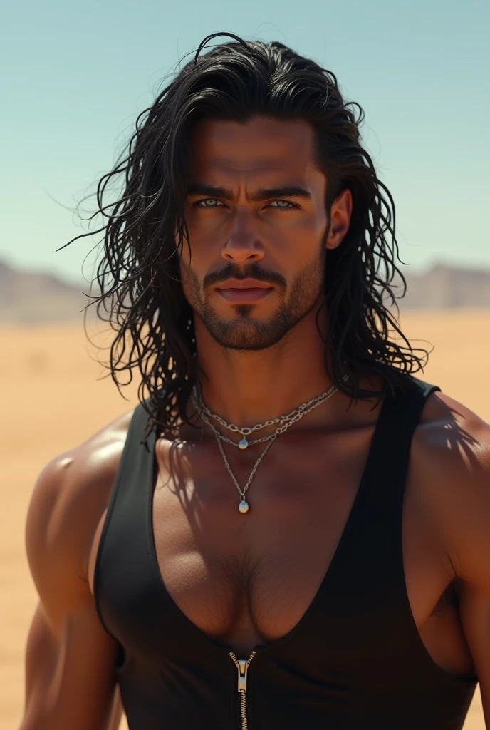 (best quality), 1boy, Male, tanned skin, black hair, wavy hair, medium hair, tousled hair, golden eyes, perfect eyes, strong jawline, stubble, hairy, swim trunks, beach, broad, muscular, rugged, serious expression, masterpiece, anatomically correct, highres