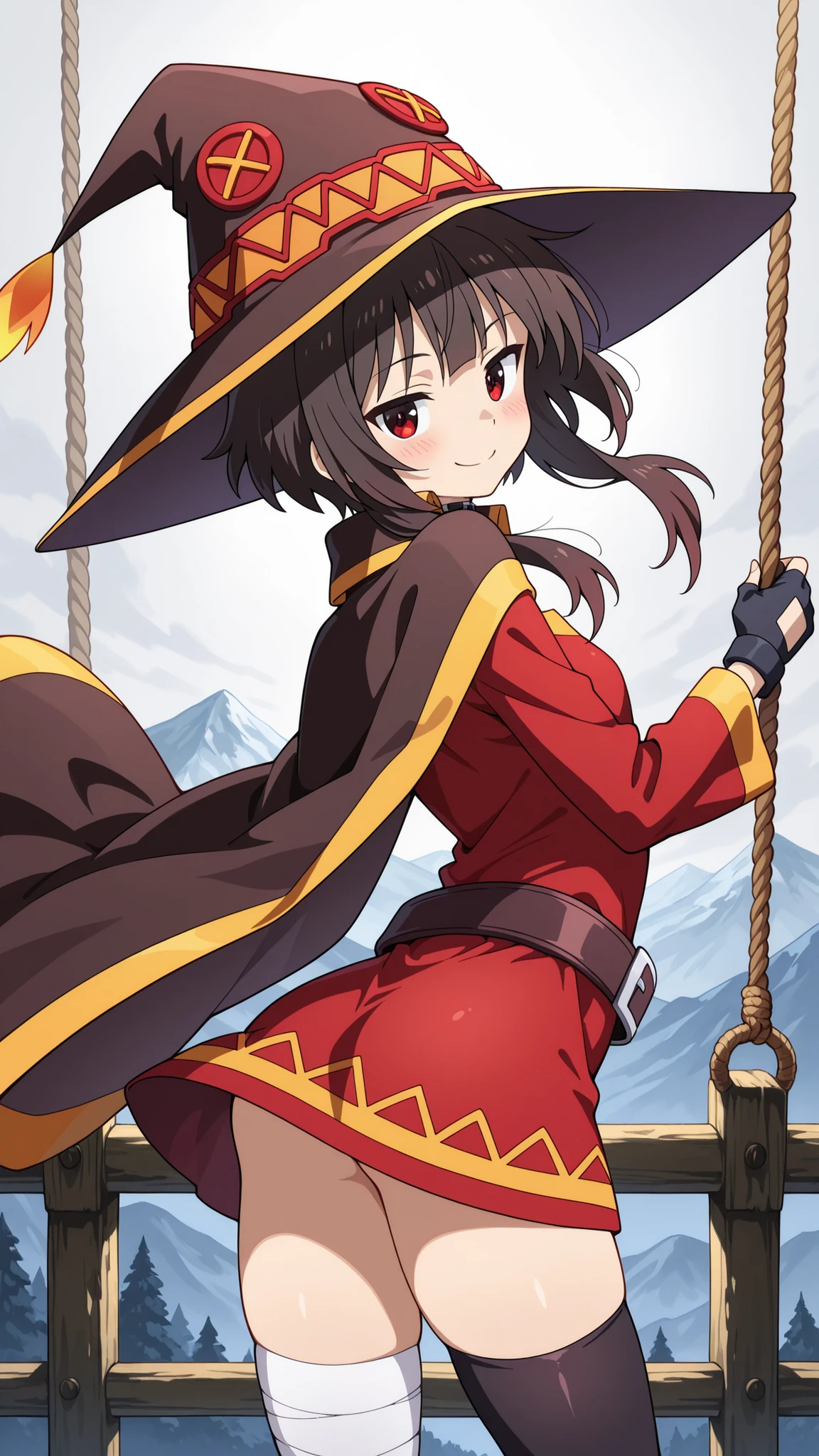 BREAK (masterpiece:1.2), best quality, high resolution, unity 8k wallpaper, (illustration:0.8), (beautiful detailed eyes:1.6),Suspension rope bridge hanging over a deep abyss, dense mist covering the void below, worn wooden planks creaking underfoot, distant mountain peaks barely visible through fog, dramatic lighting from a pale gray sky, a lone figure crossing the bridge slowly, cinematic composition, ultra-detailed, high contrast shadows, mysterious and tense mood, megumin, short hair, black hair, red eyes, short hair with long locks,,thighhighs, gloves, hat, dress, black gloves, belt, black thighhighs, fingerless gloves, cape, collar, witch hat, bandages, red dress, single thighhigh, asymmetrical legwear, bandaged leg,cleavege,raised hips,blush, seductive expression,smile,floating hair,looking at viewer,arched back,cowboy shot,wide-angel,from behind,from below.