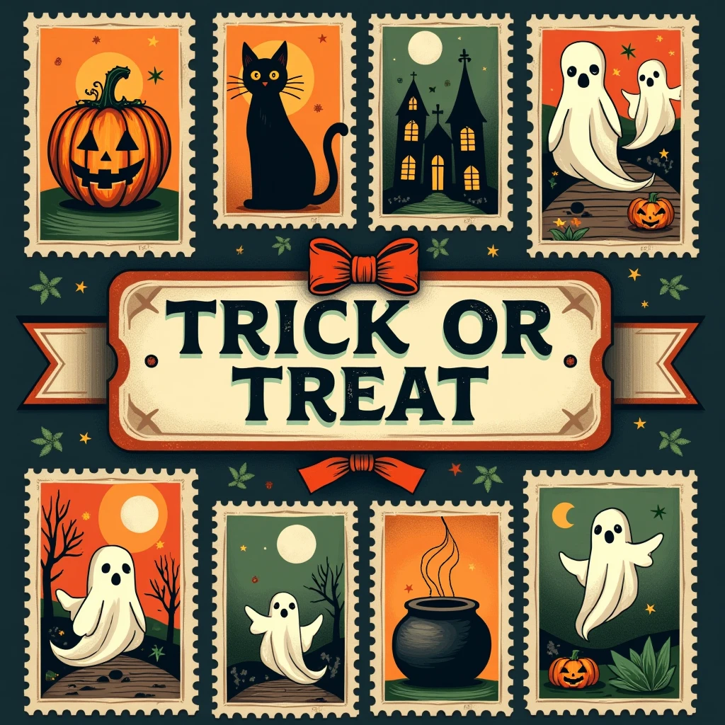 Generate trick or treat t-shirt designs • Design Elements: 「TRICK OR TREAT」Larger placement of、Jack-o&#39;-lanterns around the letters、Witch Hat、A design sprinkled with symbols such as black cats。
	• Color: black、orange、purple、A green Halloween color palette。
