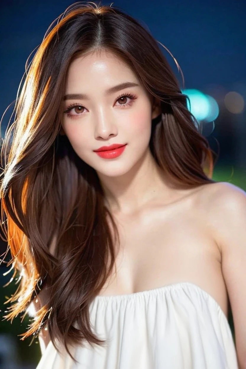 (masterpiece:1.5), hyper realistic, highly detailed, intricately detailed, uhd:1.3, RAW photo, 16k, 32k, perfect lighting, cinematic colour grading, BREAK, Extremely attractive nordic girl, 1, cute model, shy, cute, gentle smile, very detailed and perfect natural  breasts, cute natural cleavage, very detailed and shinning glossy hairs, very detailed and perfect symmetrical face, detailed and shining glossy eyes, detailed and shinning natural hairs, detailed full glossy lips, wearing a very beautiful and exquisitely designed dress, vibrant and colourful,  with matching fashion accessories, very subtle model make up, extremely beautiful, intricate fabric rendering, night time, perfect lighting, Light particles and spark,  majestic, soft focus, extremely beautiful, extremely detailed surroundings, soft focus, very detailed photorealistic, very natural