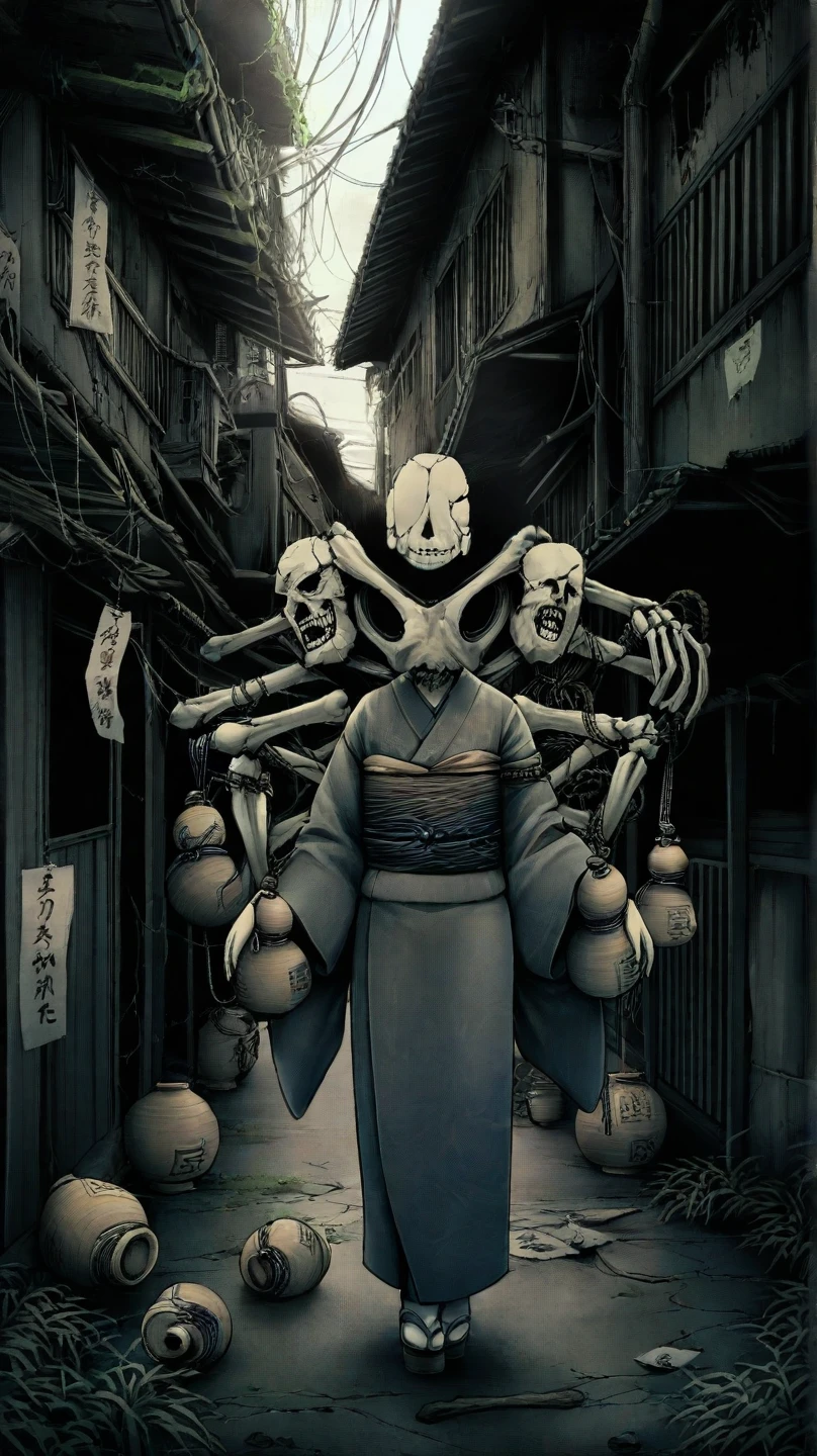 (illustration horror by apterus:1.2),haunted japanese geisha with traditional outfit, ornaments, accessories, roaming around a traditional japanese village, detailed background, apterus creepy anatomy:0.9