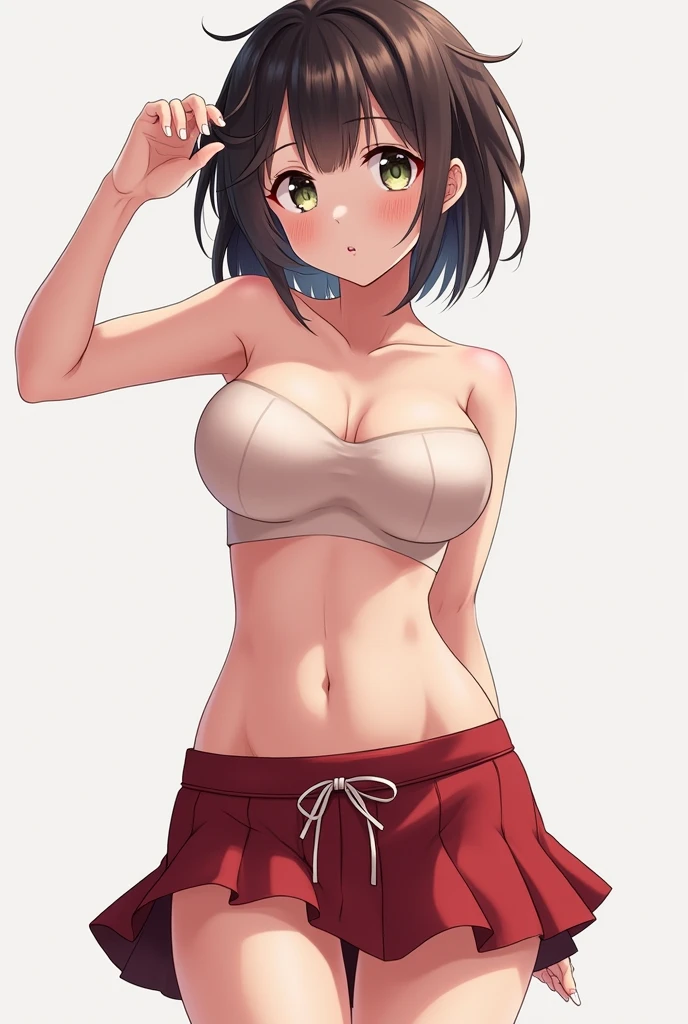 all intricate details, woman, kitten pose, cat ears, short hair, perfect hands, perfect fingers, perfect body, sensual cleavage, medium breasts, red shirt, wearing tight black shorts, sexy shorts, vinyl shorts, Ultra HD, image 4k, best image quality, (fidelity: 1.4), photoreal, light green eyes, eyelashes, beautiful pupil, shadows, slight blush, delicate facial features, reasonable facial features, exposed waist, natural sexy pose, random front a