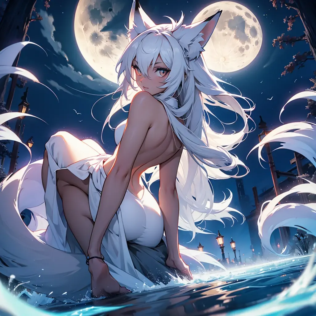 1 young adult girl, has long white hair, black stripes on hair, golden colored cat eyes, kuudere, big breasts, tanned skin, white colored ceremonial body tattoos, a white Sleeveless robe, tiger ears, no human ears, two white fluffy long cat tails on her, barefooted, night forest background, looking at the sky, masterpiece, ultrasharp,