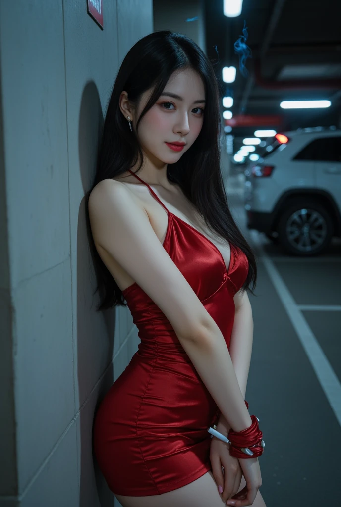 (( in a front a building, standing, red sexy dress, closeup shot, cleavage, high heels good hands, thighs)), (masterpiece),((ultra-detailed)), (highly detailed CG illustration),(expressionless), (best quality:1.2),(1girl:1.2),High quality texture, intricate details, detailed texture, High quality shadow, brown eye pupil, depth of field, perspective,20s, (big eyes:1.2),blush,perfect body, lean body, (narrow waist:1.3), huge breast, distinct_image, (lustrous skin), solo focus, (brown hair), (streaked hair), ((long hair)),