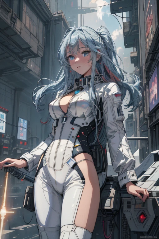 1girl in, bodysuit space suit, tight-fitting suit,white mechanical bodysuit,Cyberpunk Suit,angry, Full face blush, Dress Lift, NSFW, silver mechanical panties, garter strap,, 细致背景, masterpiece, top-quality,