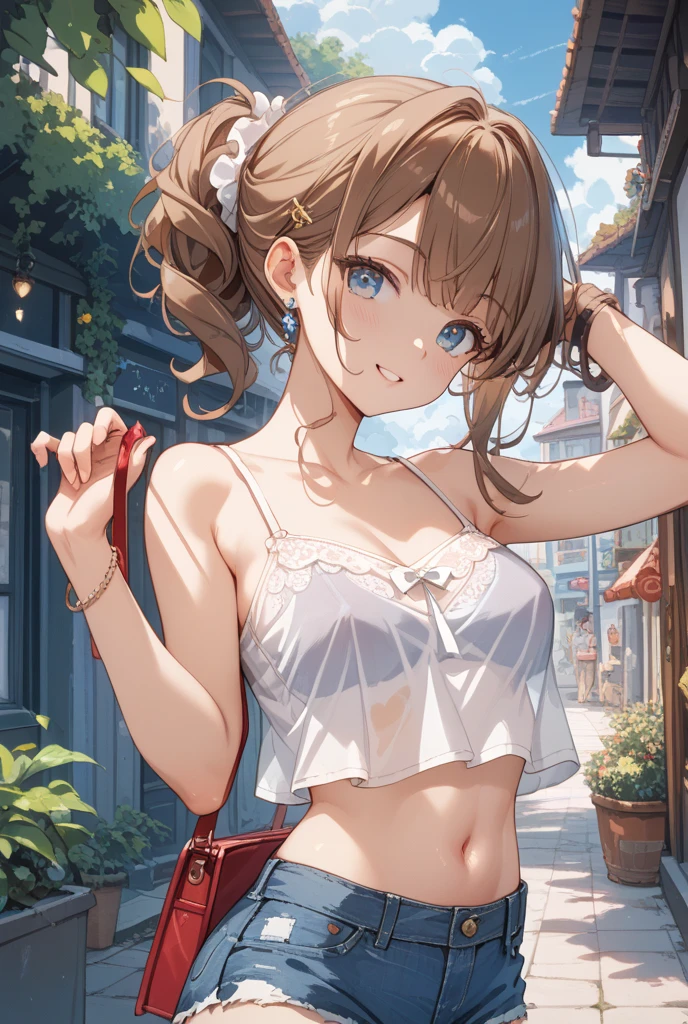 (White dress white、No sleeve、Armpit)、Big Breasts、独奏、Toned body、Bare thighs、(short hair、Brown Hair、Barrette、hair ornaments)、(Brown eyes:1.5)、(yuihirasawa、yui hirasawa、Yui Hirasawa)、(Panty shot、White panties、Panties transparent with sweat、Mansuji)、Big Breasts、In town、bustling street、独奏