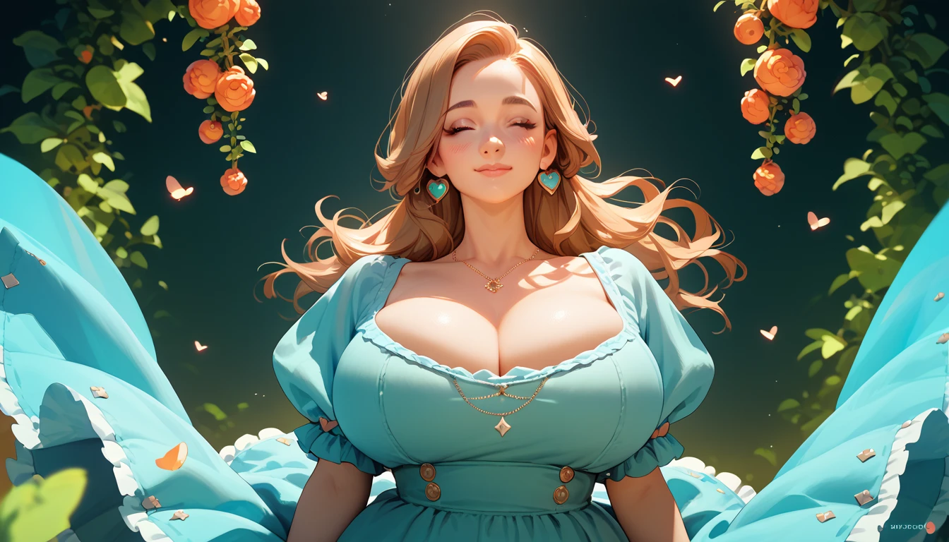 ( Absurdly , High quality , ultra detailed ) ,( hand detailed ) , 1girl, solo, mature, very long hair, sunflower hair , beautiful crystal eyes ( eye detailed ) Baroque, Necklace, long dress, long sleeve, elegant, colorful, highest detailed, upper body , with the river and sunflowers