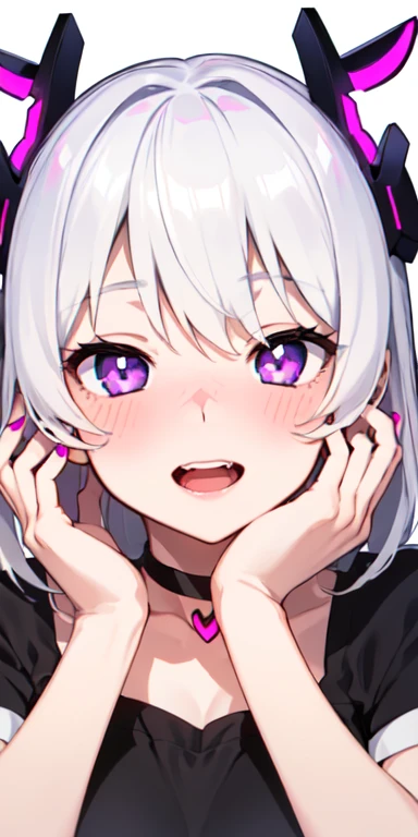 1girl,heart-shaped pupils,fingernails,hands on own face,white hair,purple eyes,(blush:1.1),choker,upper body,trembling,sweat,sweatdrop,heart,(speed lines:1.1),medium breasts, ((heavy breathing:1.3)), love, heart, crop top, happy, smile, vampire,((making a ahegao face)),(Doing a double peace sign)
