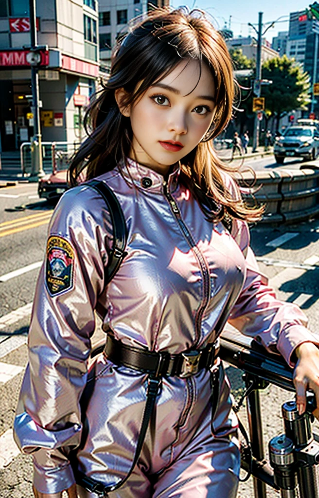 Top Quality, Ultra High Definition, (Photorealistic: 1.4), (Pink Long Hair: 1.3), (Azure Lane\), 1 Girl, (Kpop Idol), Watch Audience, Detailed Face, Contrapposto, Smooth Skin, Perfect Anatomy, Cityscape, Professional Lighting, Futuristic Fashion, Streetwear, High-tech Fabric, Racing Suit, fireproof material, elbow and knee pads, racing gloves, personalized embroidery, sports car background, pits, miniskirts, belly button, pink hair,
