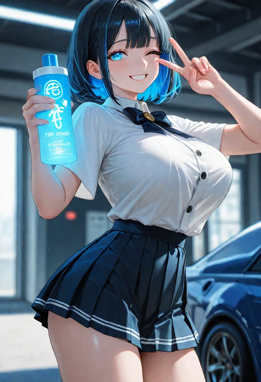 High ponytail, light blue hair, girly, light blue eyes, blonde earrings, blush, slightly open mouth, white shirt, black long-sleeved trench coat, black leggings, lace, the whole body is soaked in blue liquid, the clothes are dissolved, the legs are slightly open, the bottom is filled with liquid, very comfortable, the clothes are dissolved, one hand pinches his chest, the fingers of the other hand reach into the mouth, the clothes are soaked to reveal the black underwear underwear underwear inside,