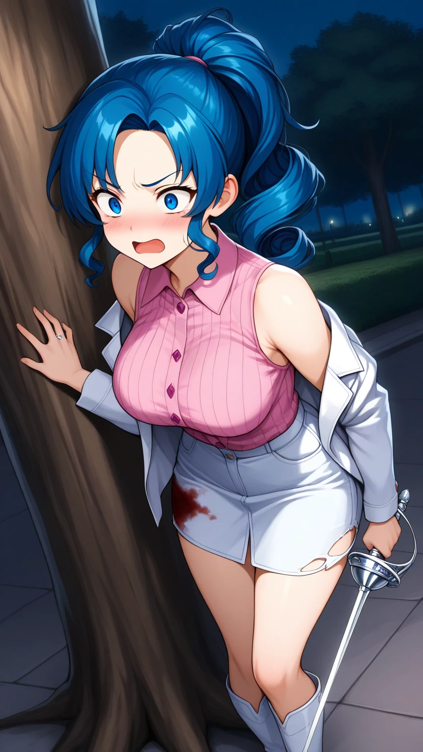 Yoshiko Tsushima love live,serafuku, breasts out,huge breasts, white micro bikini,mini gray skirt, skindentation, curvy body, thighhighs, elbow gloves,leg up , reverse suspended,solo focus,high-heels,on street , sweating , (drooling:1.2), trembling ,folded, surrendering , dirty, injured , hair grab