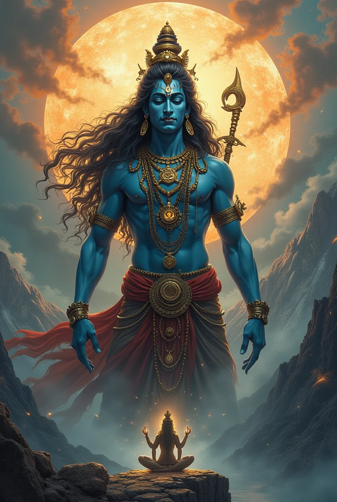 Create a detailed paubha art depiction of Lord Shiva, featuring his iconic third eye, ash-covered body, and matted hair with the Ganges river, using vibrant colors and intricate patterns. Include traditional symbols like the trident, snake, and drum, and ensure a balanced composition with geometric designs or mandalas in the background, adhering to traditional iconographic rules.