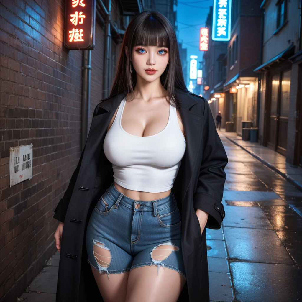 4K UHD photo, gotham city at night, heavy rain, dark, busty girl, (cleavage), wearing unzipped hoodie jacket, short pants, walking, masterpiece, best quality, highly detailed, (silhouette)