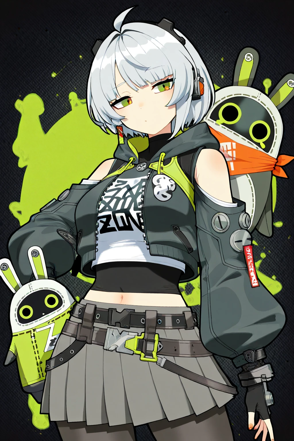 work of art, best qualityer, high resolution, 1 girl, Rebeca \(cyber punk\), standing alone, long hair, mechanical eye, colored sclera, red sclera, colored fur, Caucasian skin, tattoo on the leg, Neck tatoo, hair green, long hair, breasts small, , tusk, red pupils, skin tusk, Eyes red, Black jacke, standing, cyber punk house, Grinning